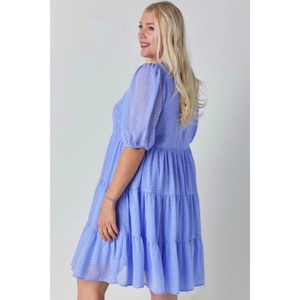 Davi & Dani Blue Polka Dot V Neck Short Sleeve Tiered Midi Dress - Picture 3 of 9